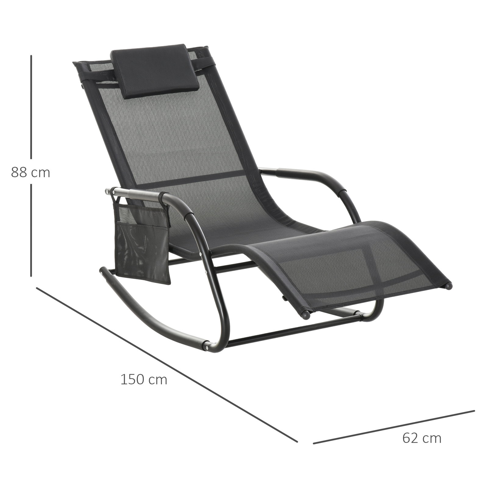Espreguiçadeira baloiço de exterior com apoio de cabeça acolchoado e bolso lateral 150x62x88 cm preto