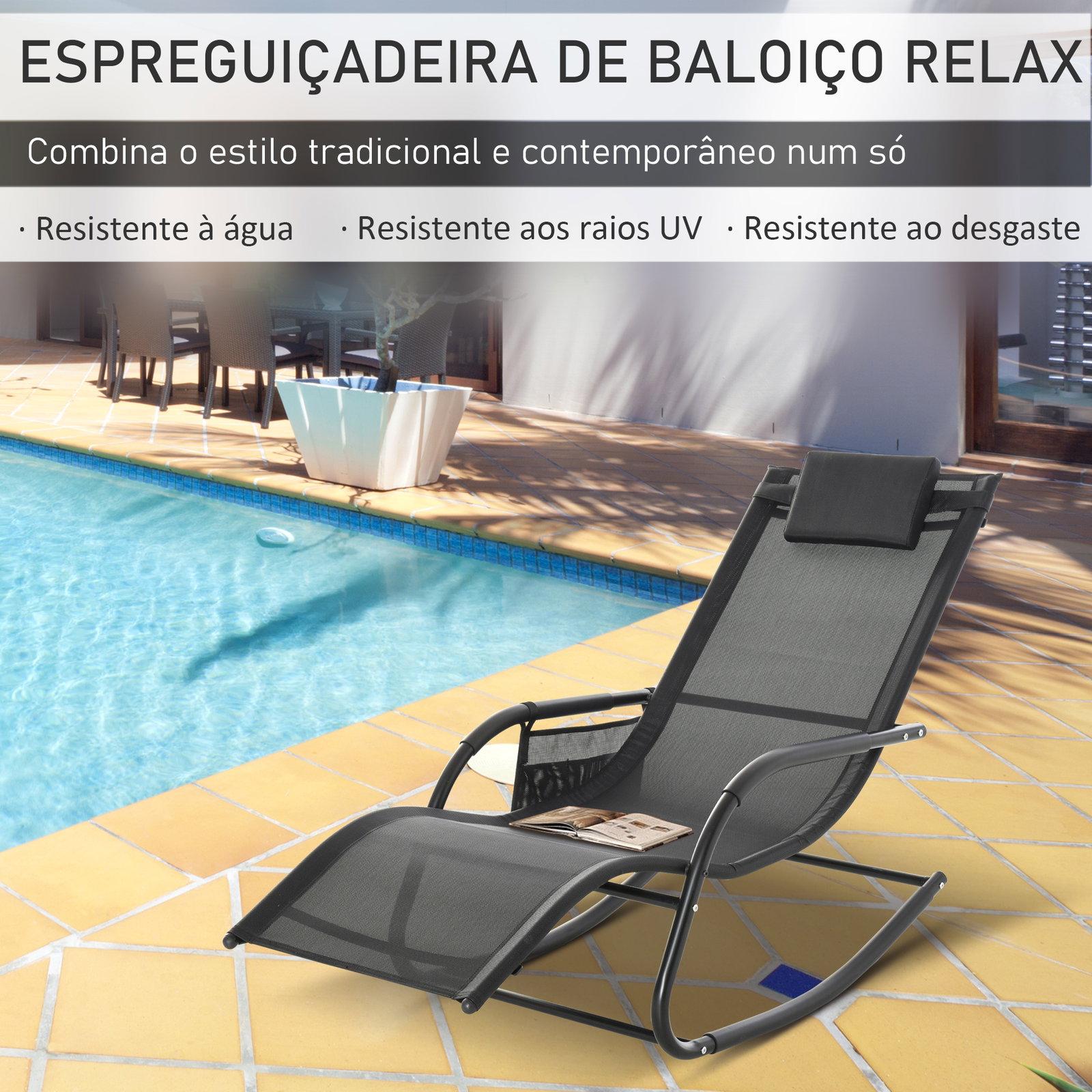 Espreguiçadeira baloiço de exterior com apoio de cabeça acolchoado e bolso lateral 150x62x88 cm preto