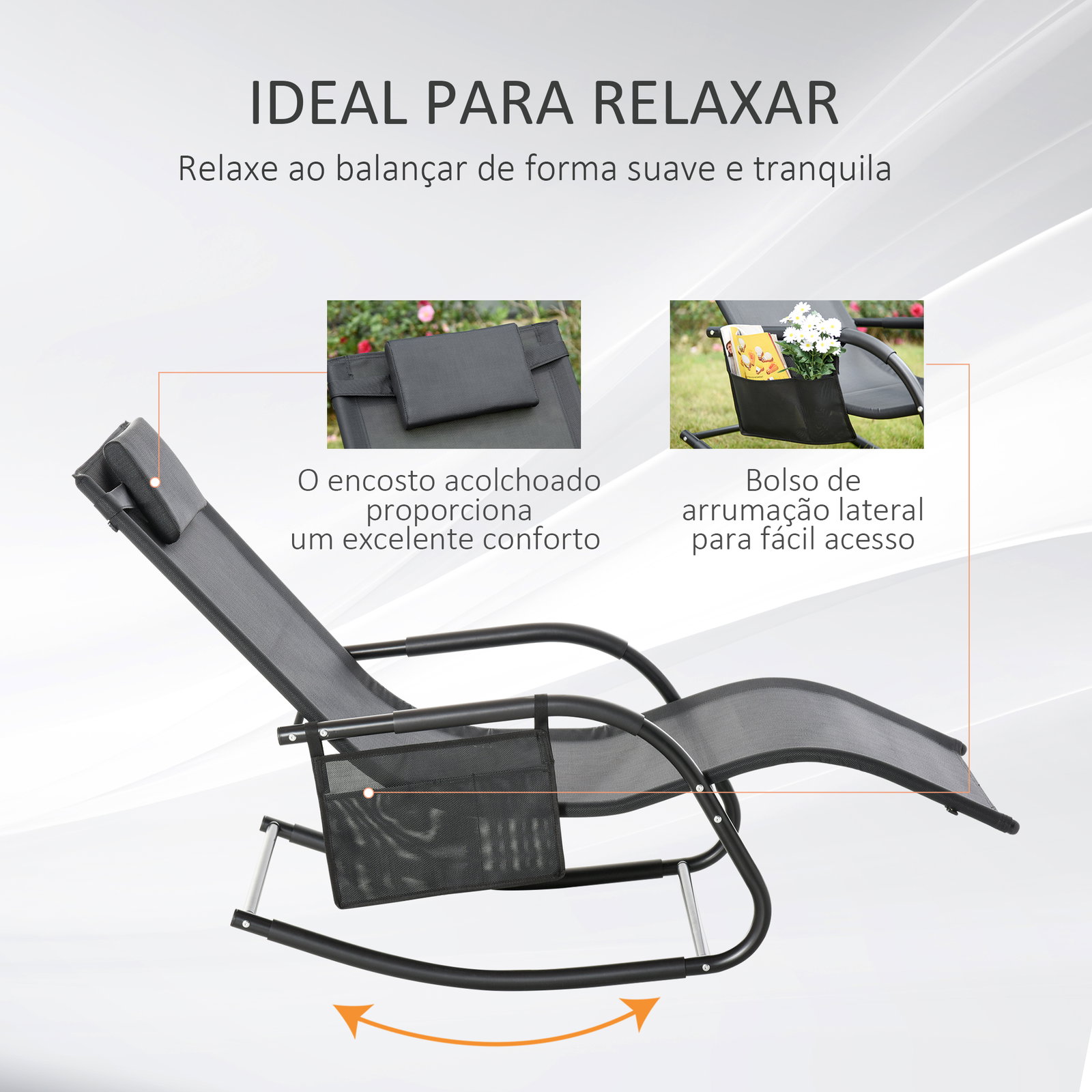 Espreguiçadeira baloiço de exterior com apoio de cabeça acolchoado e bolso lateral 150x62x88 cm preto