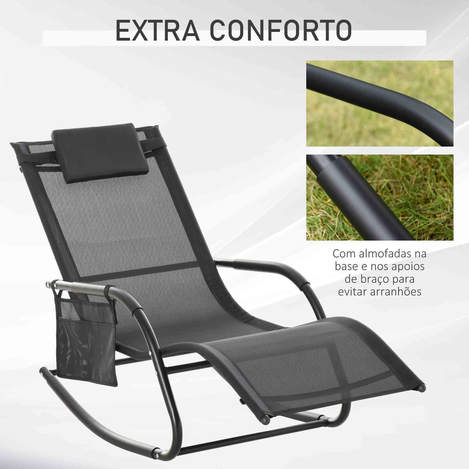 Espreguiçadeira baloiço de exterior com apoio de cabeça acolchoado e bolso lateral 150x62x88 cm preto