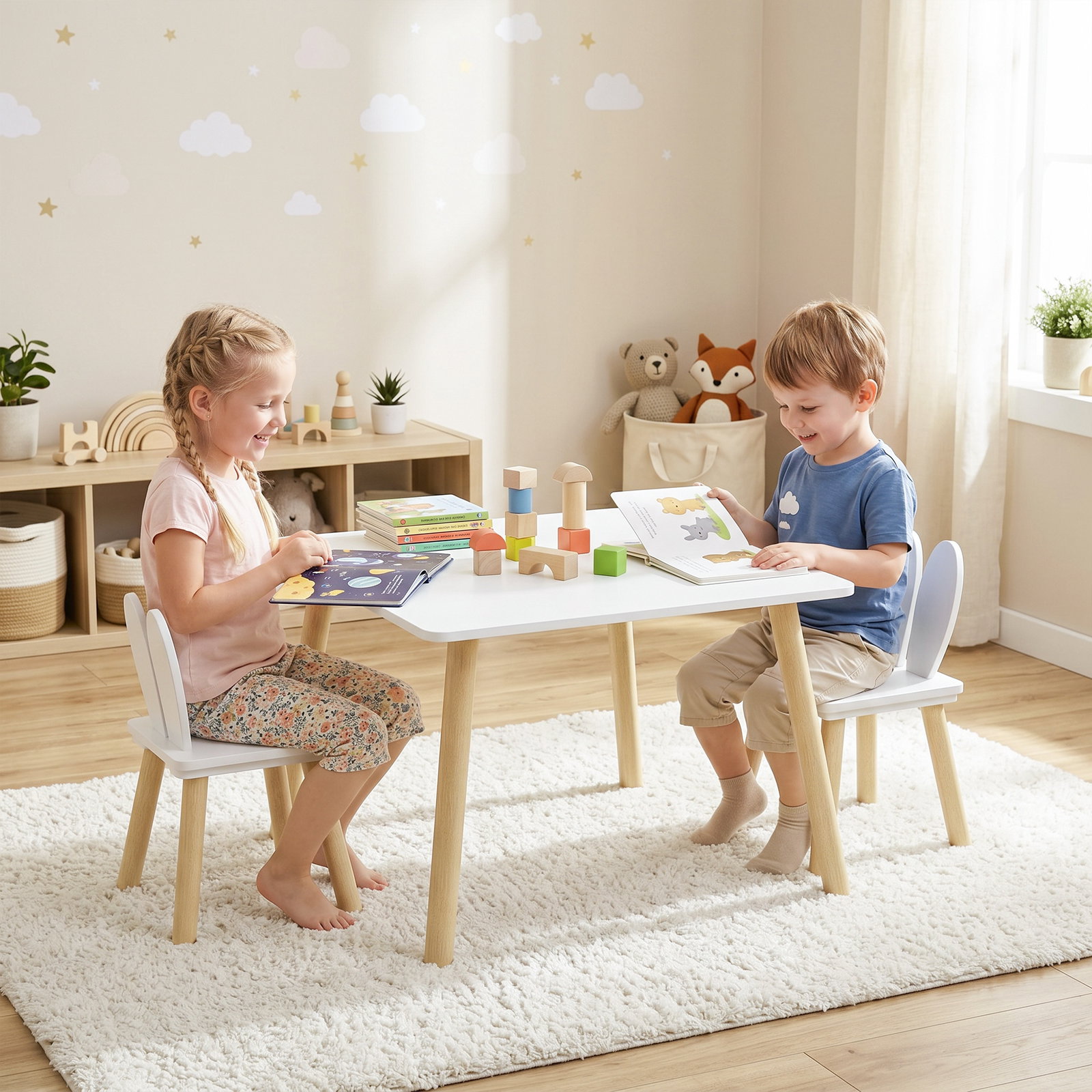 Mesa infantil com encosto de cadeiras com orelhas de coelho mesa infantil para sala de jogos de berçário branca