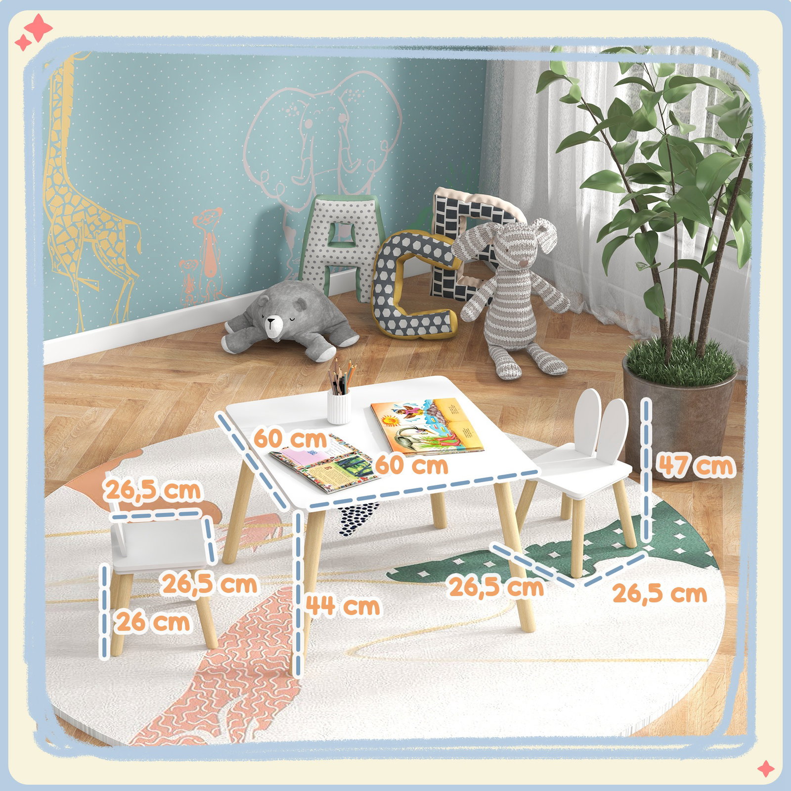 Mesa infantil com encosto de cadeiras com orelhas de coelho mesa infantil para sala de jogos de berçário branca