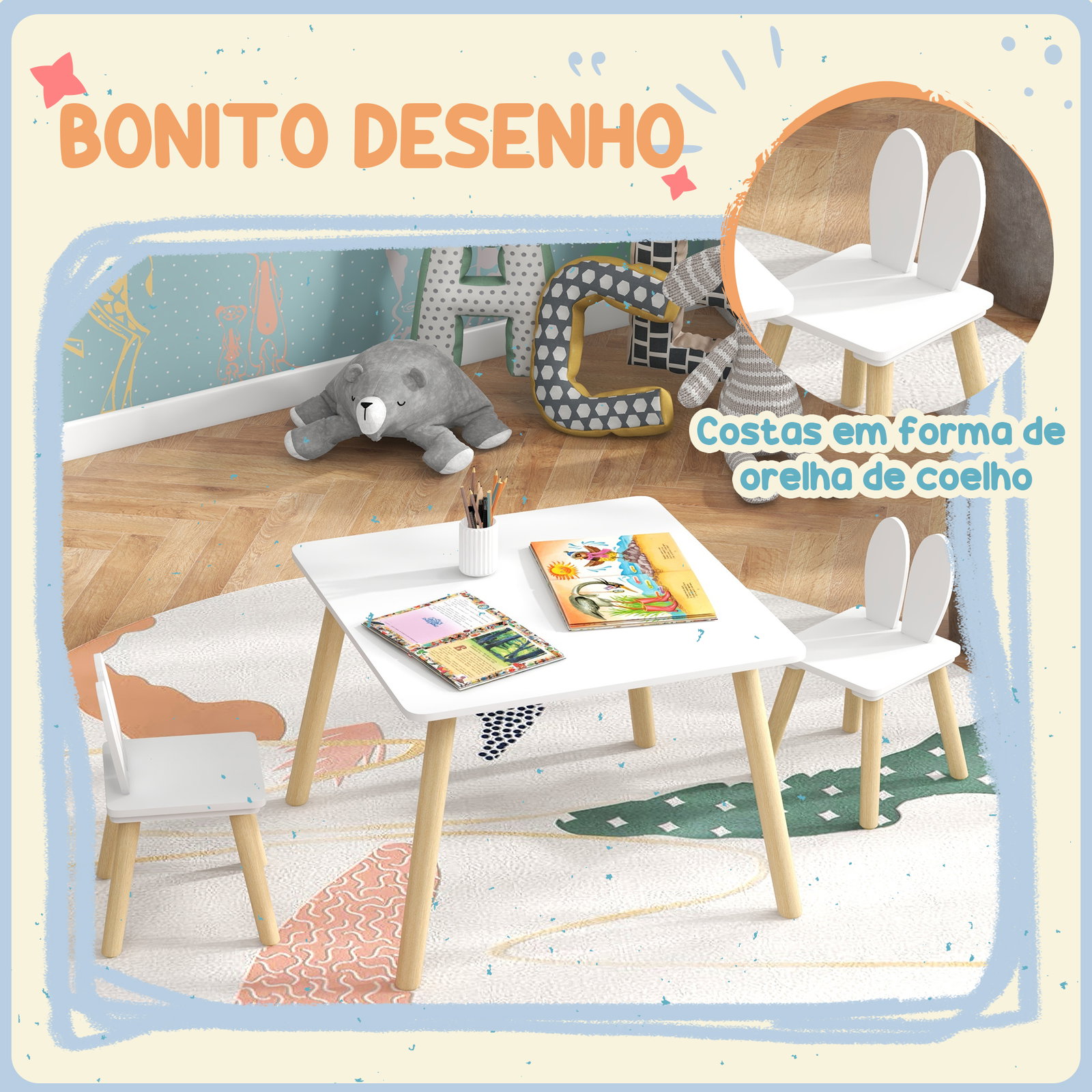 Mesa infantil com encosto de cadeiras com orelhas de coelho mesa infantil para sala de jogos de berçário branca