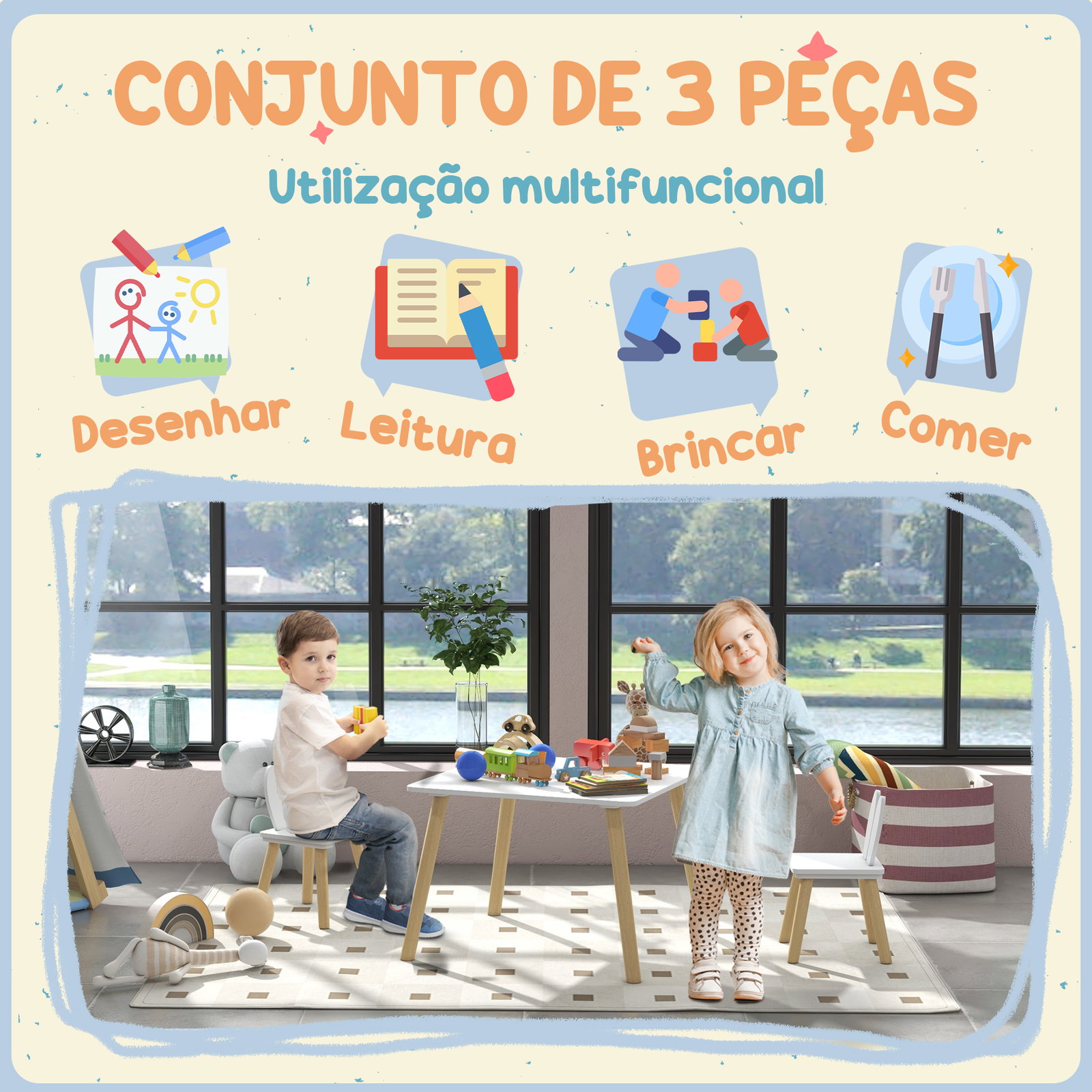 Mesa infantil com encosto de cadeiras com orelhas de coelho mesa infantil para sala de jogos de berçário branca