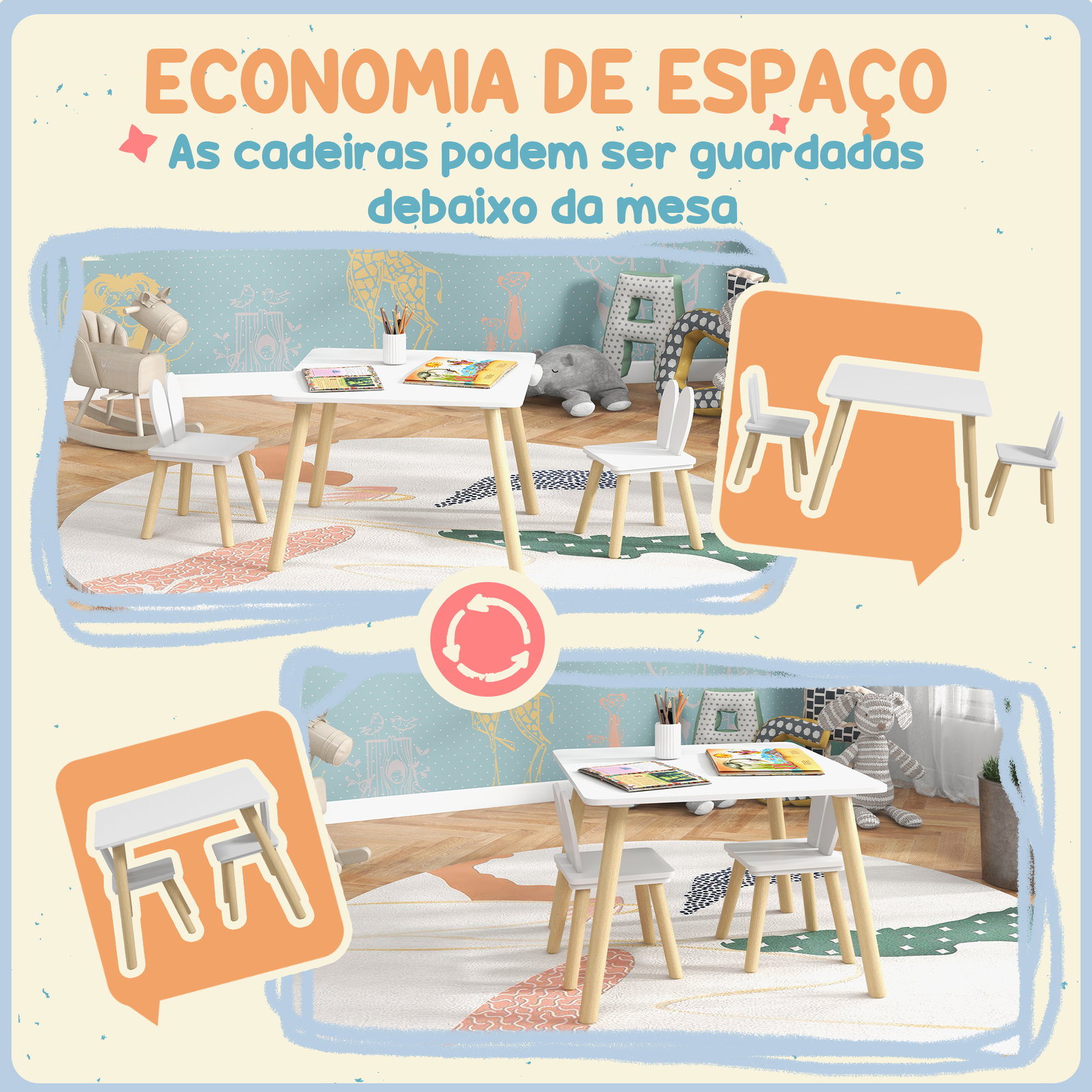 Mesa infantil com encosto de cadeiras com orelhas de coelho mesa infantil para sala de jogos de berçário branca