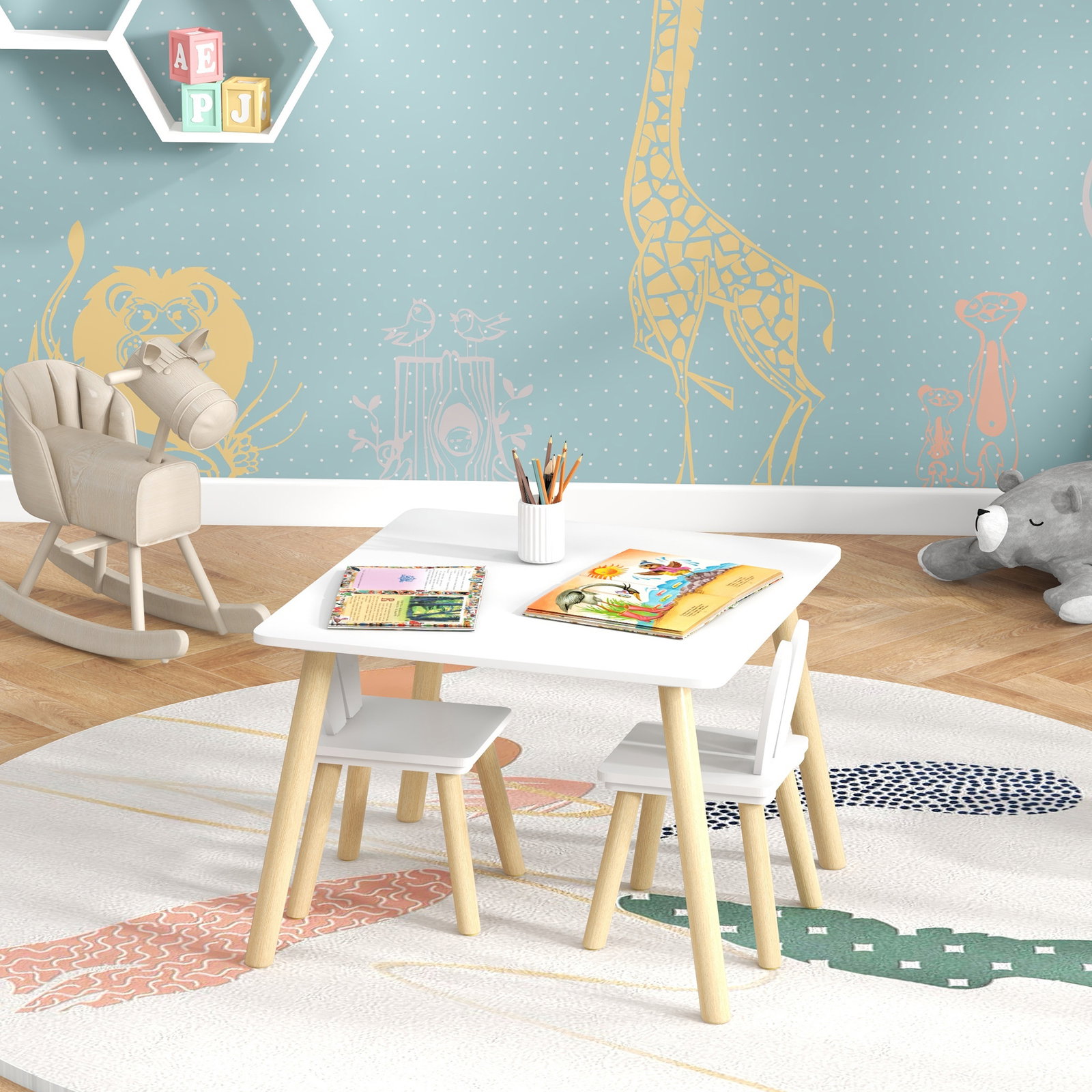 Mesa infantil com encosto de cadeiras com orelhas de coelho mesa infantil para sala de jogos de berçário branca
