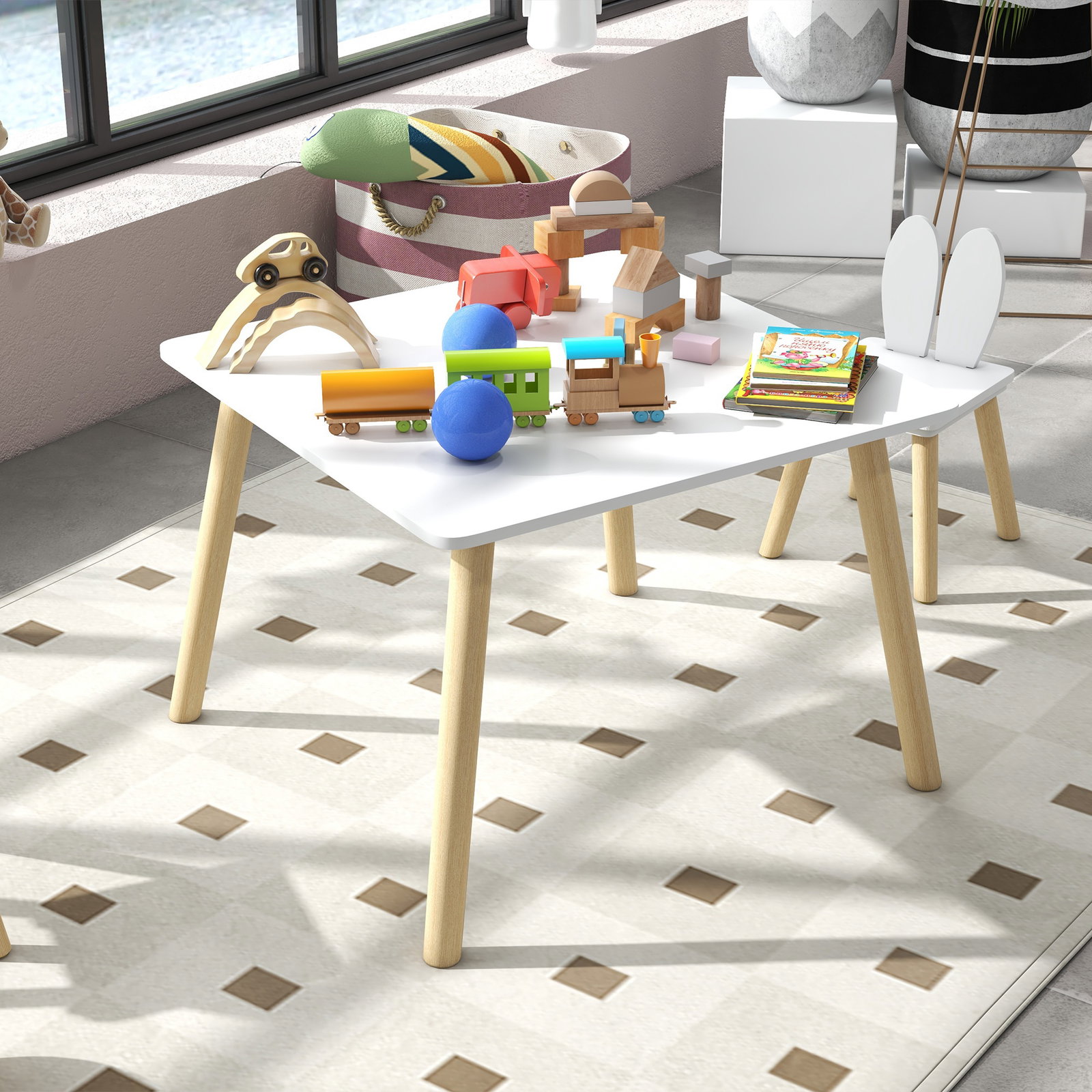 Mesa infantil com encosto de cadeiras com orelhas de coelho mesa infantil para sala de jogos de berçário branca