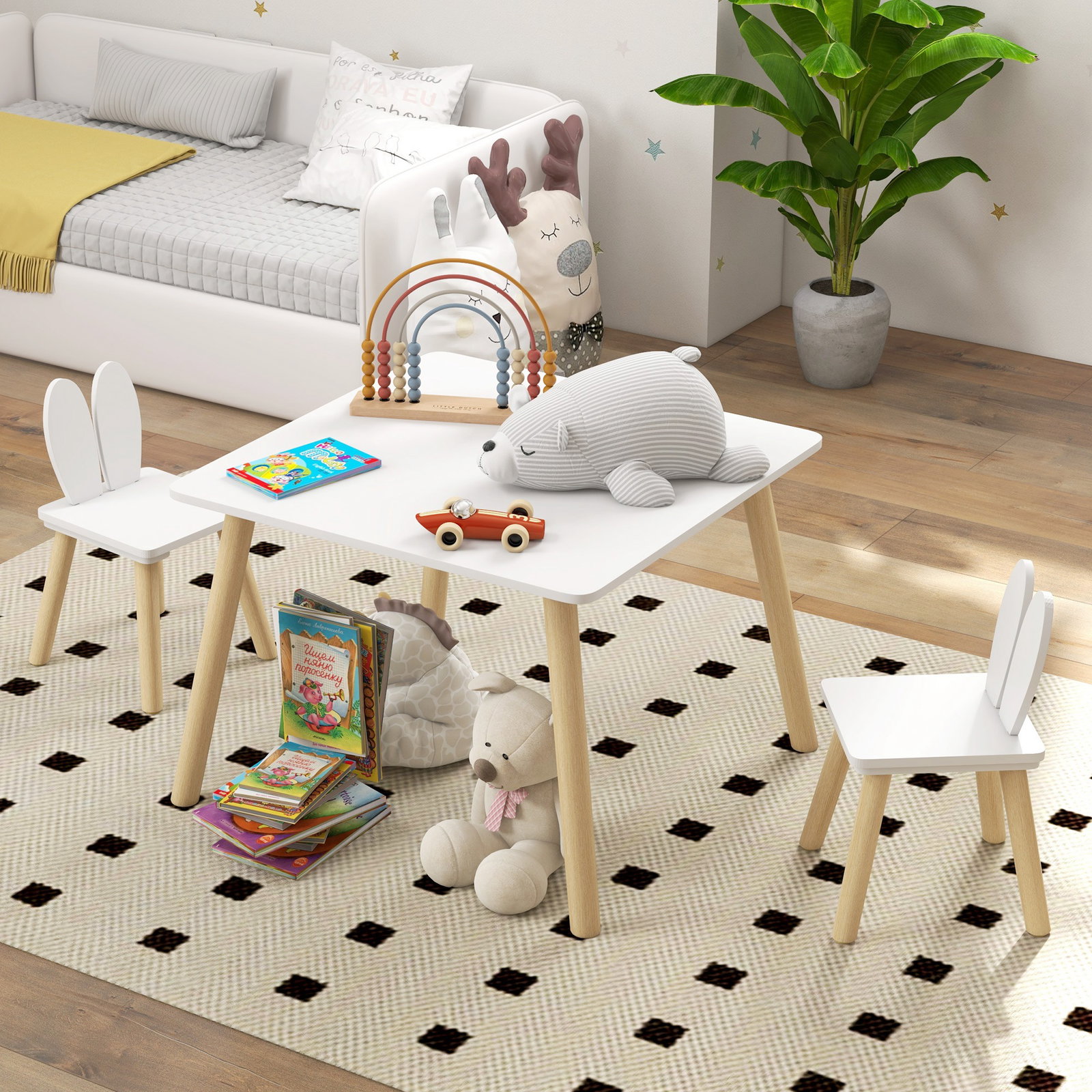 Mesa infantil com encosto de cadeiras com orelhas de coelho mesa infantil para sala de jogos de berçário branca