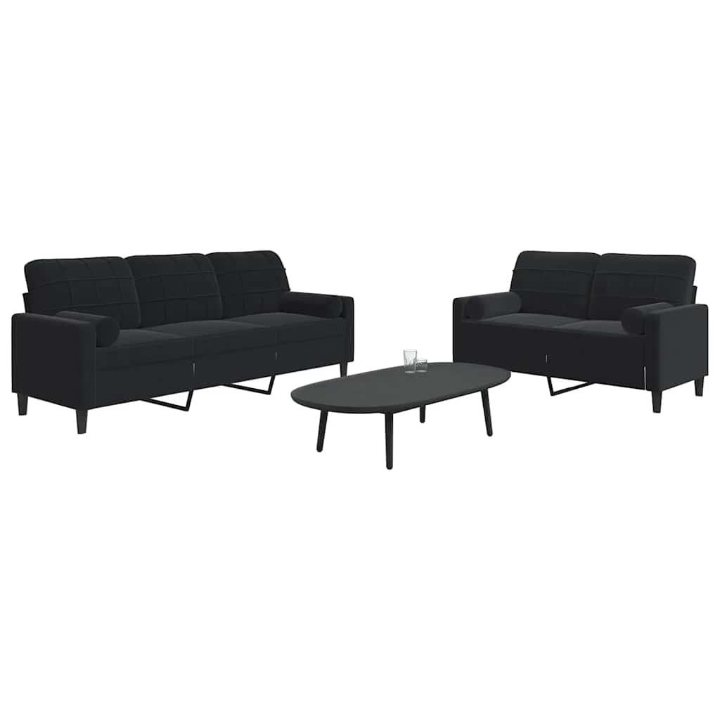 2 Pcs conjunto de sofás com almofadões e rolos veludo preto