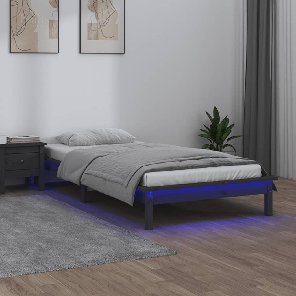 Estrutura cama de solteiro c/ LED 90x190cm madeira maciça cinza
