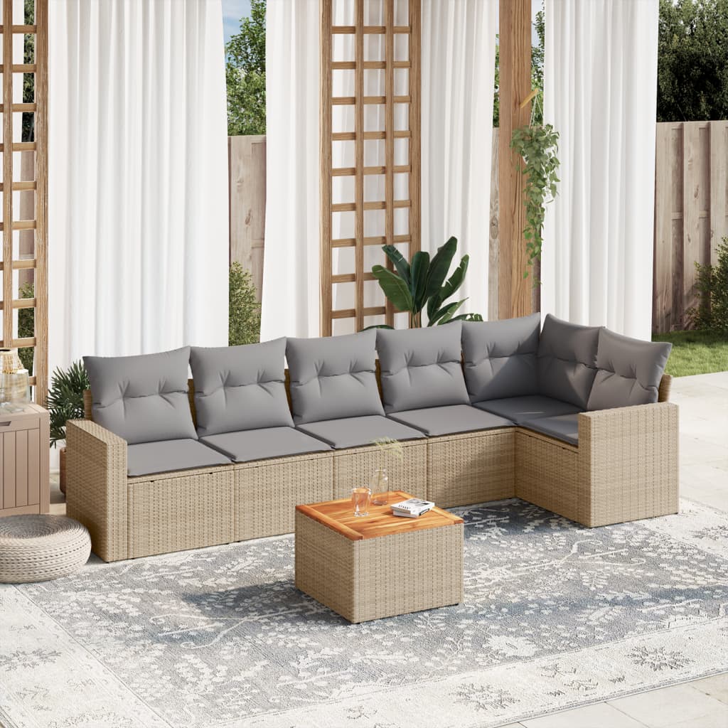 7 Pcs conj. sofás jardim c/ almofadões vime PE bege misturado