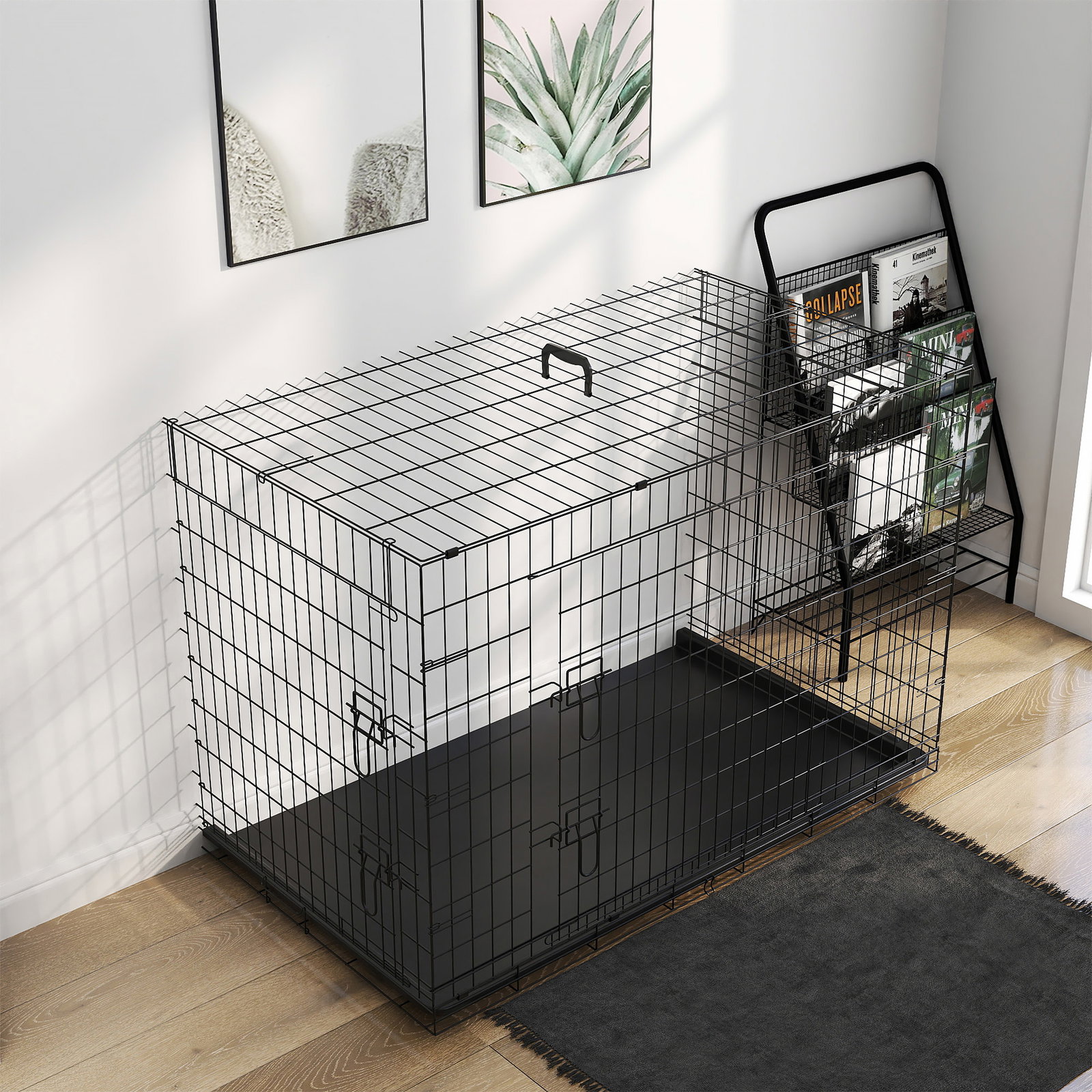 Gaiola para cães com 2 portas gaiola para animais de estimação de arame dobrável com alça de transporte aço 121x74,5x81cm preto