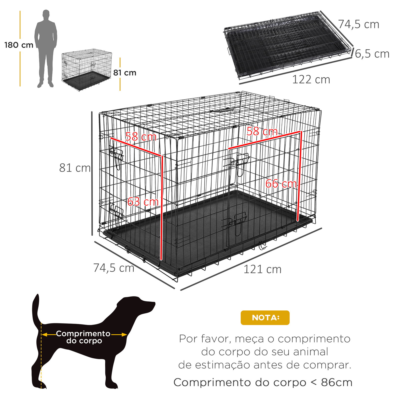 Gaiola para cães com 2 portas gaiola para animais de estimação de arame dobrável com alça de transporte aço 121x74,5x81cm preto