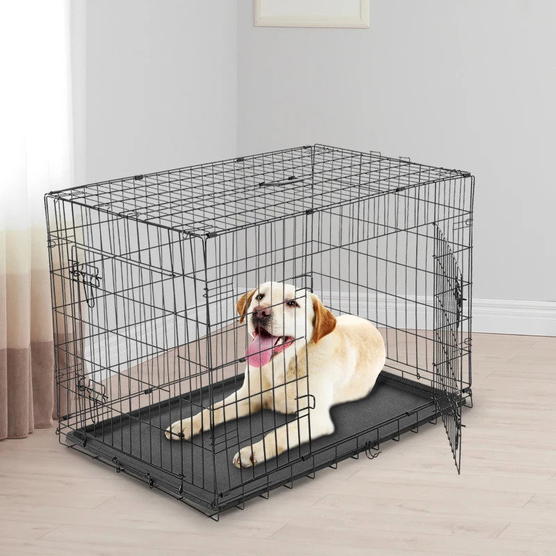 Gaiola para cães com 2 portas gaiola para animais de estimação de arame dobrável com alça de transporte aço 121x74,5x81cm preto