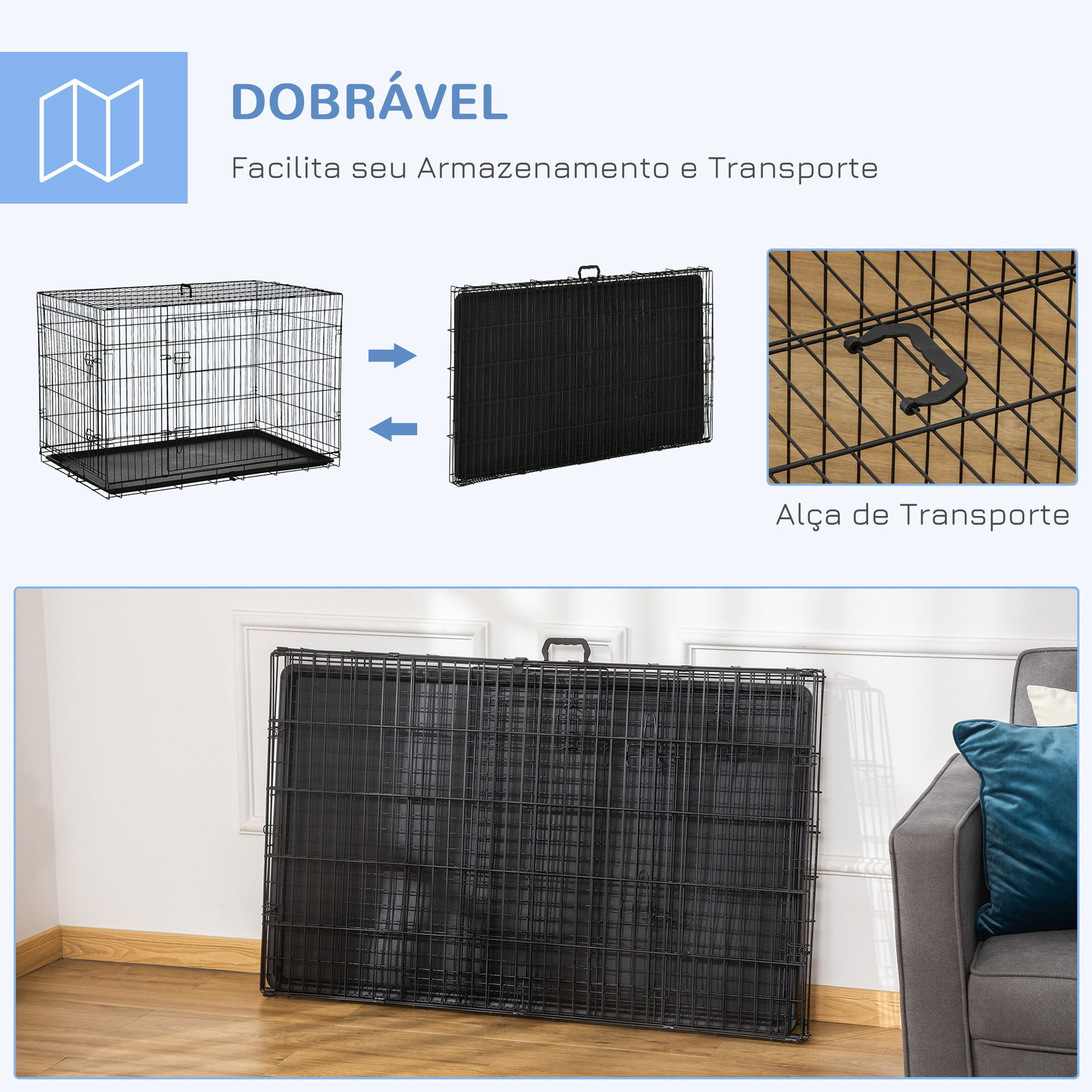 Gaiola para cães com 2 portas gaiola para animais de estimação de arame dobrável com alça de transporte aço 121x74,5x81cm preto