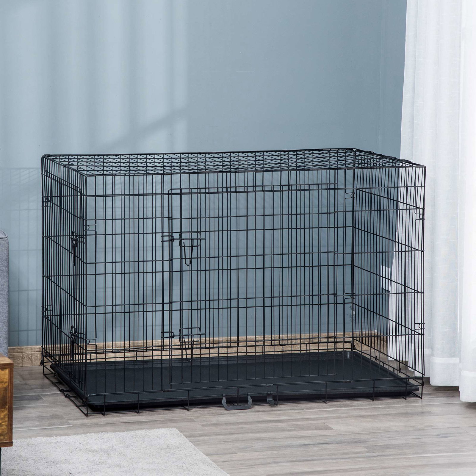 Gaiola para cães com 2 portas gaiola para animais de estimação de arame dobrável com alça de transporte aço 121x74,5x81cm preto