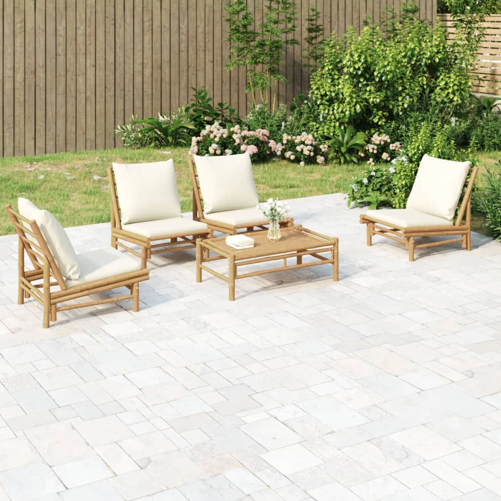 5 Pcs conjunto lounge de jardim bambu c/ almofadões branco nata