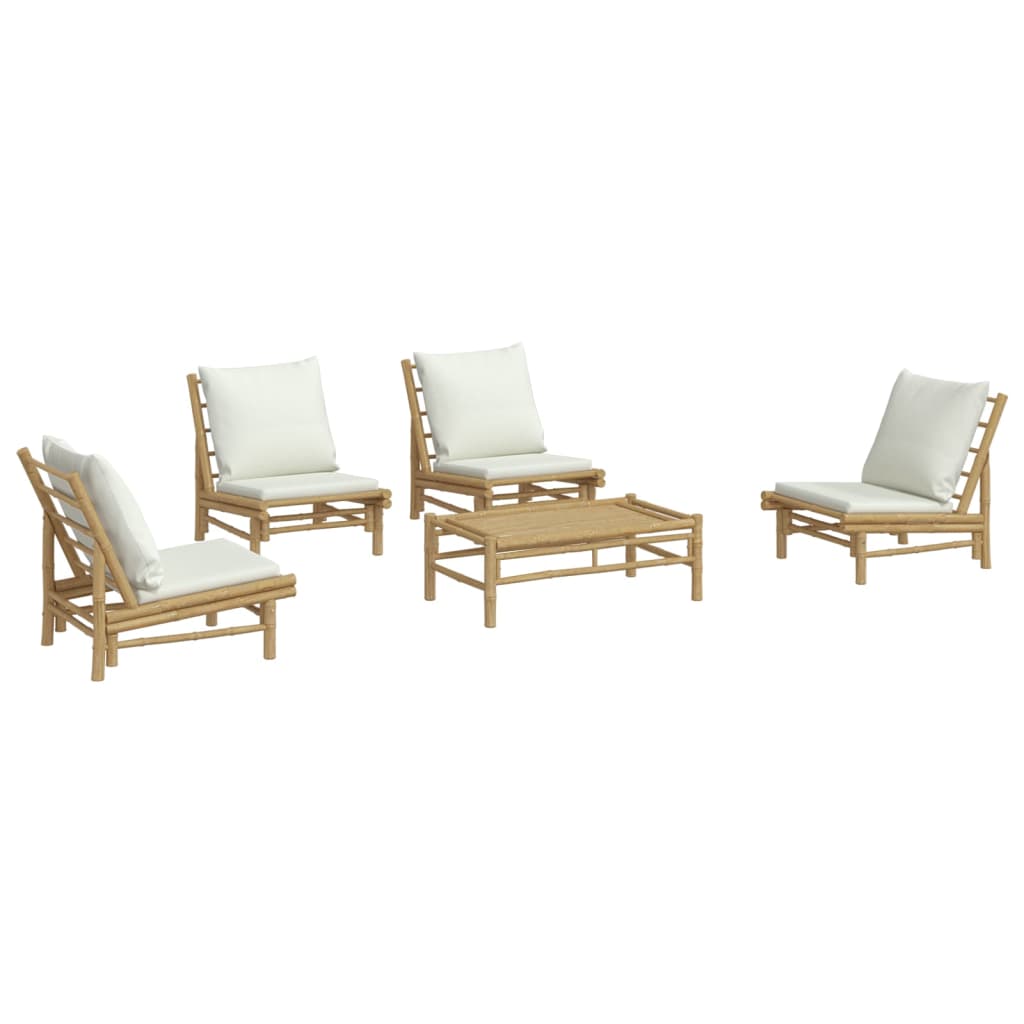 5 Pcs conjunto lounge de jardim bambu c/ almofadões branco nata