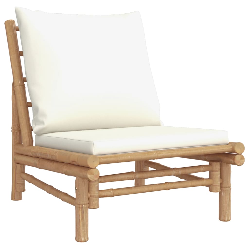 5 Pcs conjunto lounge de jardim bambu c/ almofadões branco nata