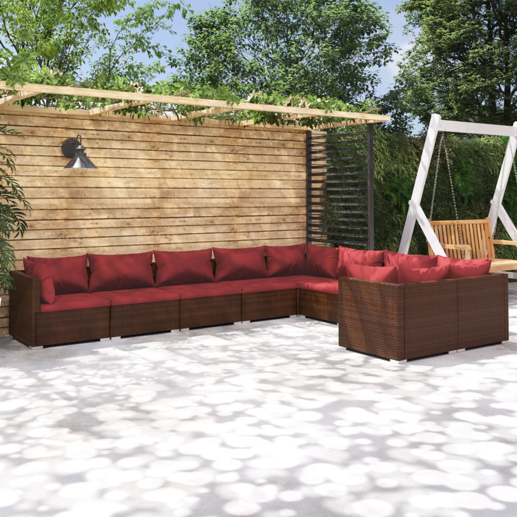 9 Pcs conjunto lounge jardim c/ almofadões vime PE castanho