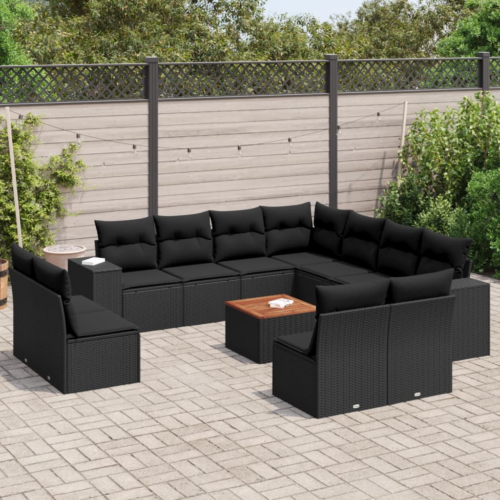 12 Pcs conjunto de sofás de jardim c/ almofadões vime PE preto