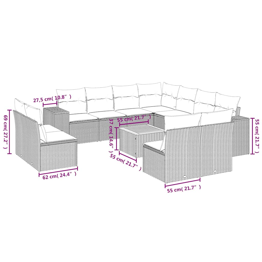 12 Pcs conjunto de sofás de jardim c/ almofadões vime PE preto