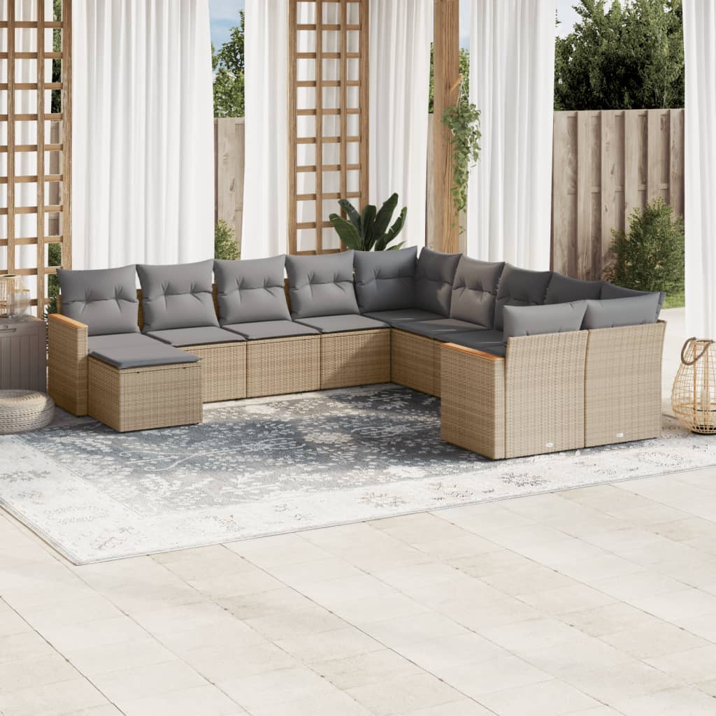 11 Pcs conjunto sofás de jardim c/ almofadões vime PE bege