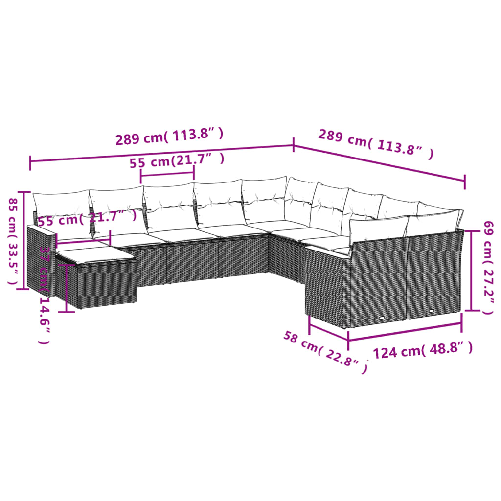 11 Pcs conjunto sofás de jardim c/ almofadões vime PE bege
