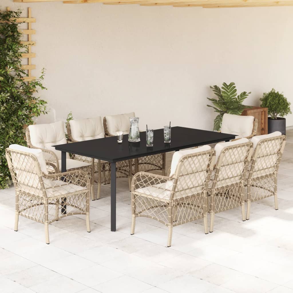 9 Pcs conjunto de jantar p/ jardim com almofadões vime PE bege