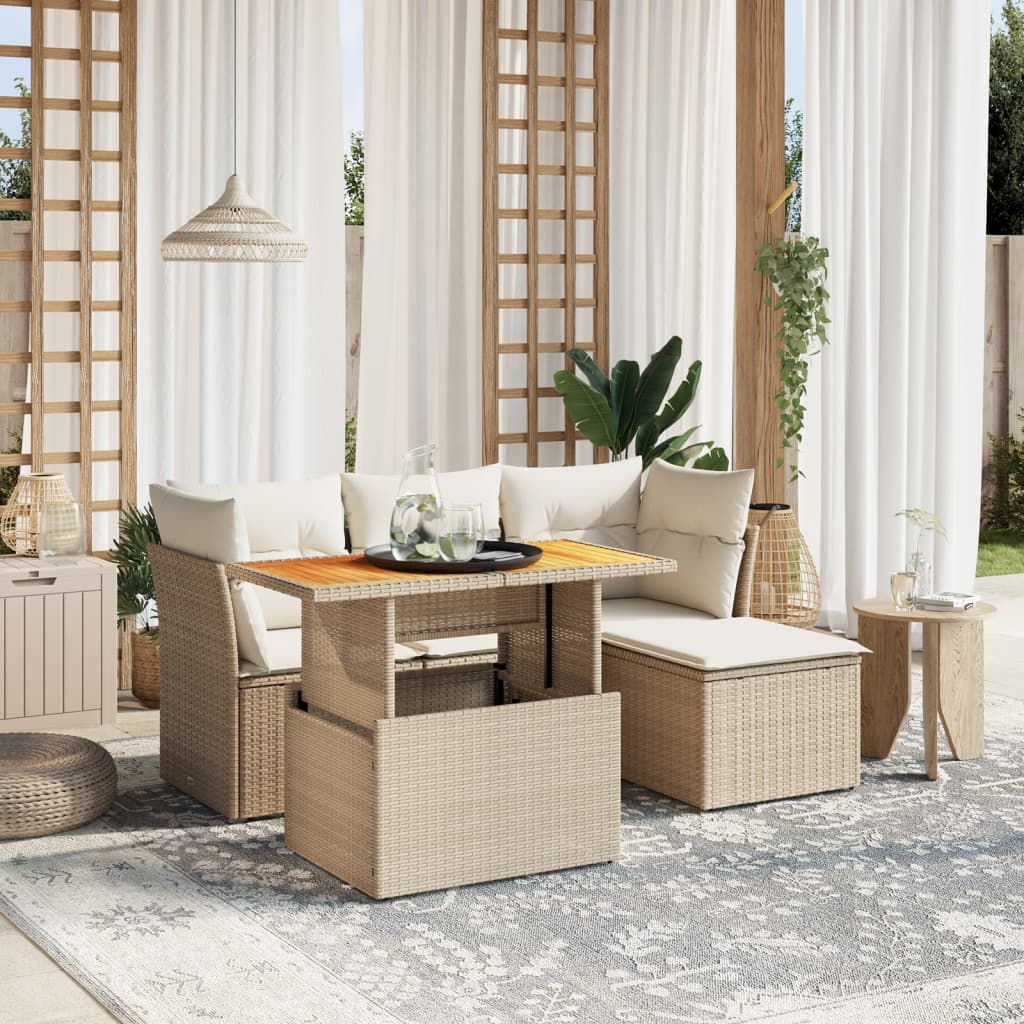 6 Pcs conjunto de sofás p/ jardim com almofadões vime PE bege