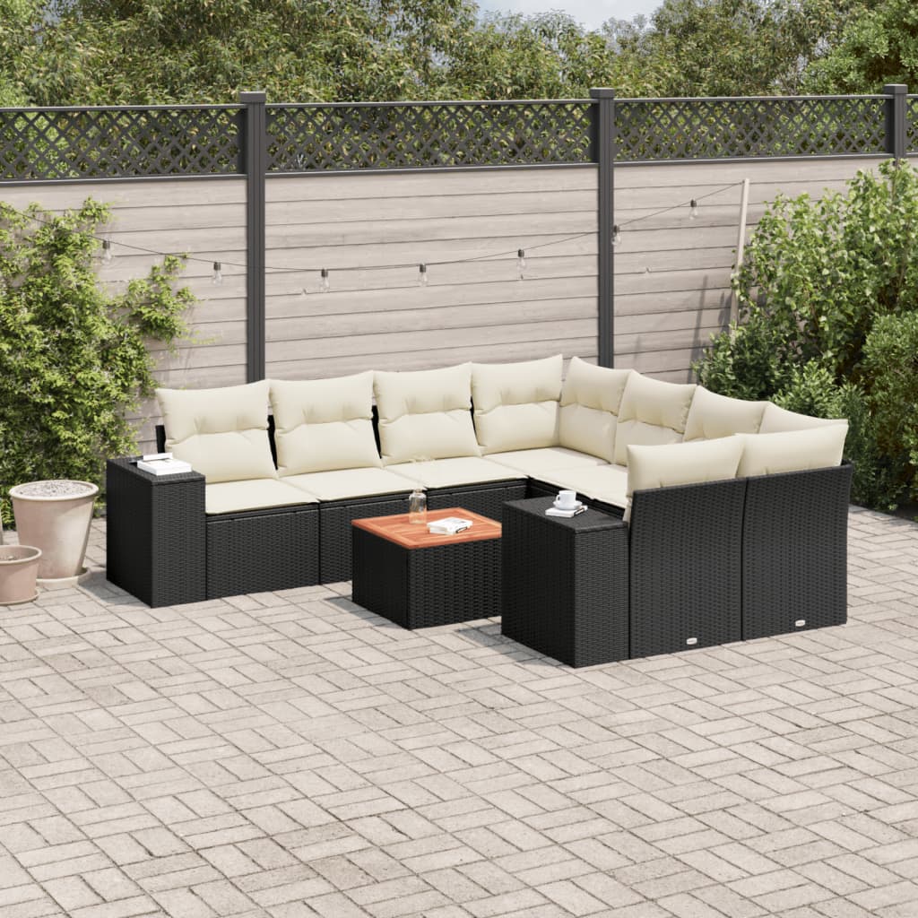 9 Pcs conjunto de sofás p/ jardim c/ almofadões vime PE preto