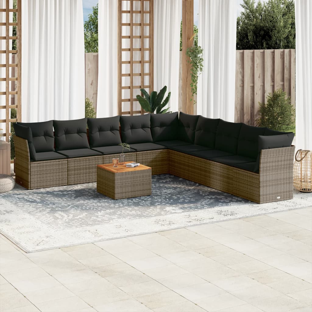10 Pcs conjunto sofás de jardim c/ almofadões vime PE cinzento