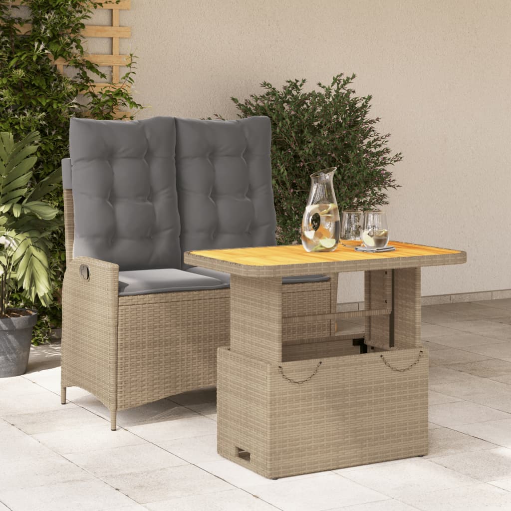 2 Pcs conjunto de jantar p/ jardim com almofadões vime PE bege