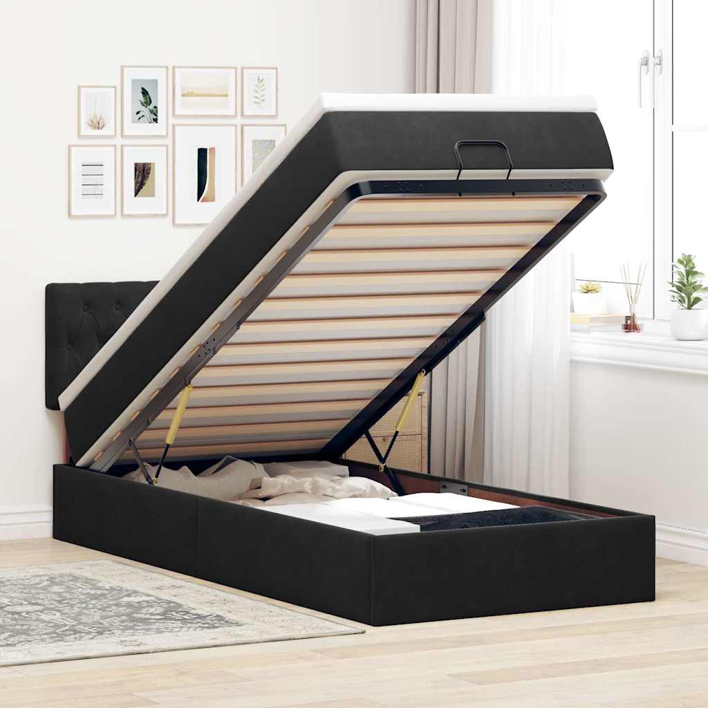 Estrutura de cama otomana com colchão preto veludo