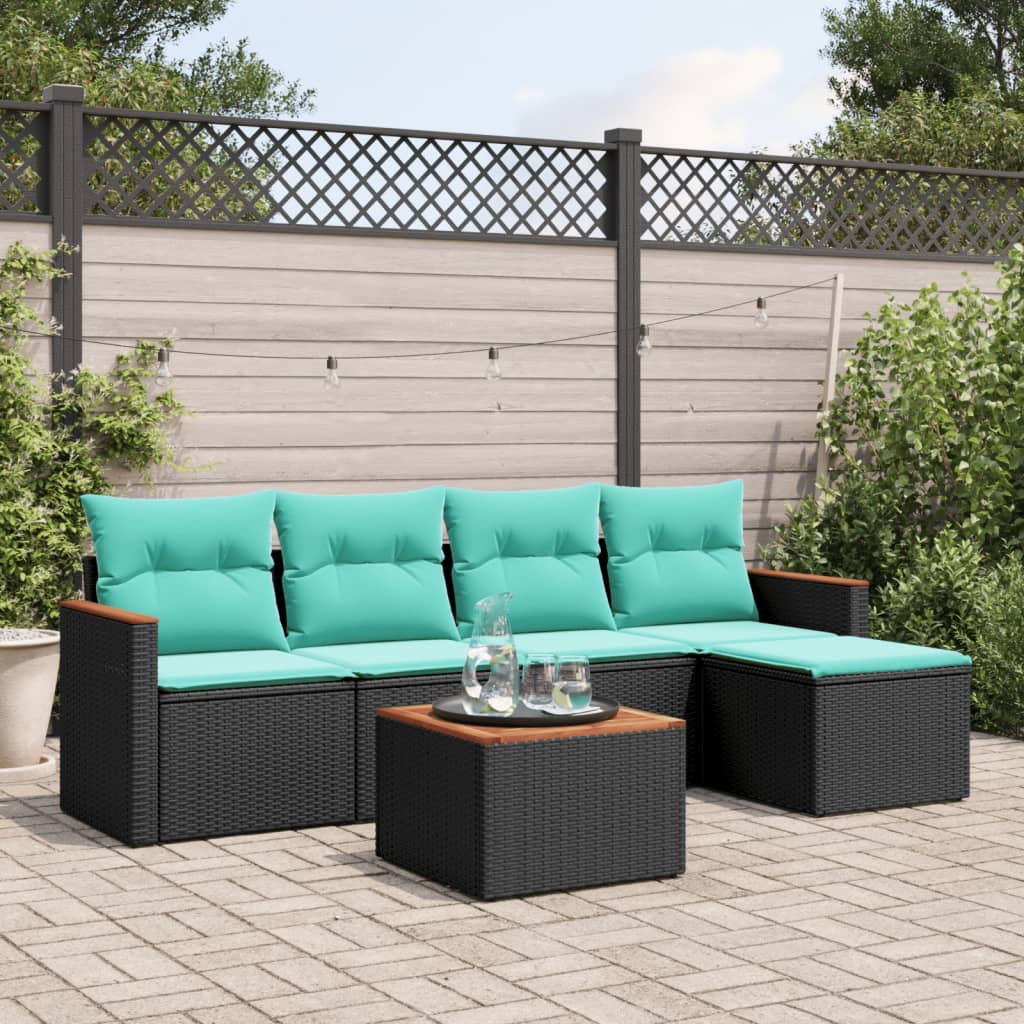 Conjunto de sofá de jardim com 6 peças e almofadas em rattan sintético preto