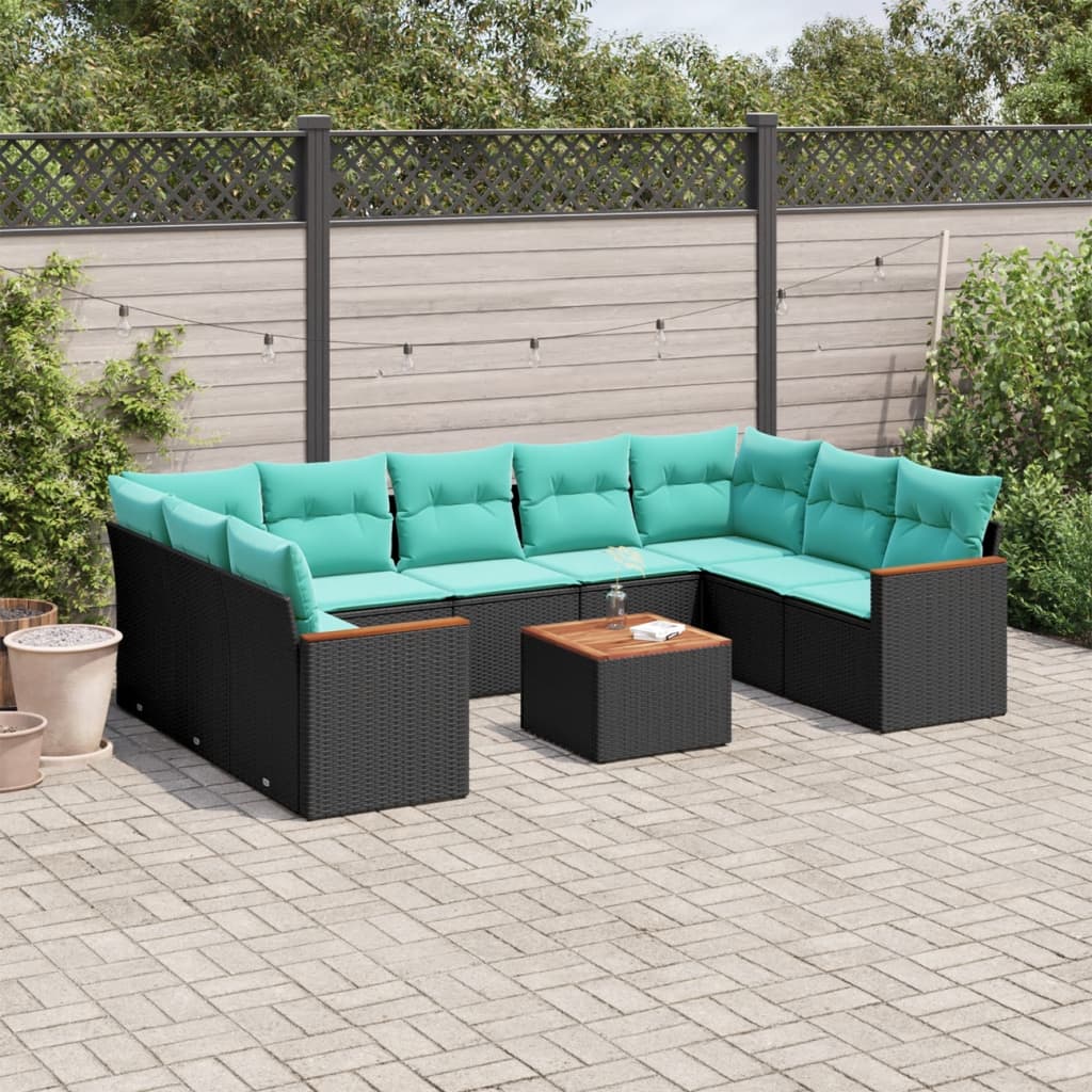 Conjunto de sofá de jardim com 10 peças e almofadas em rattan sintético preto