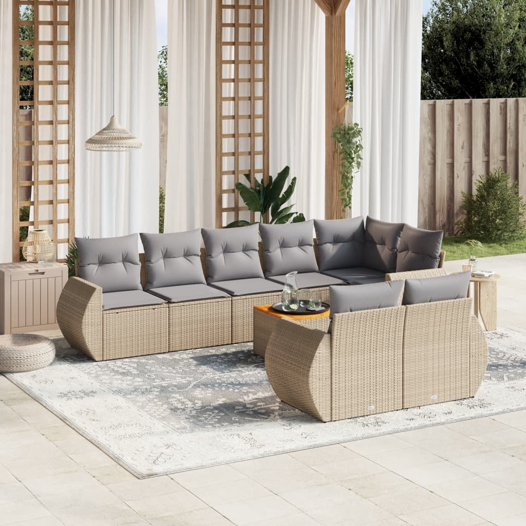 9 Pcs conjunto de sofás p/ jardim com almofadões vime PE bege