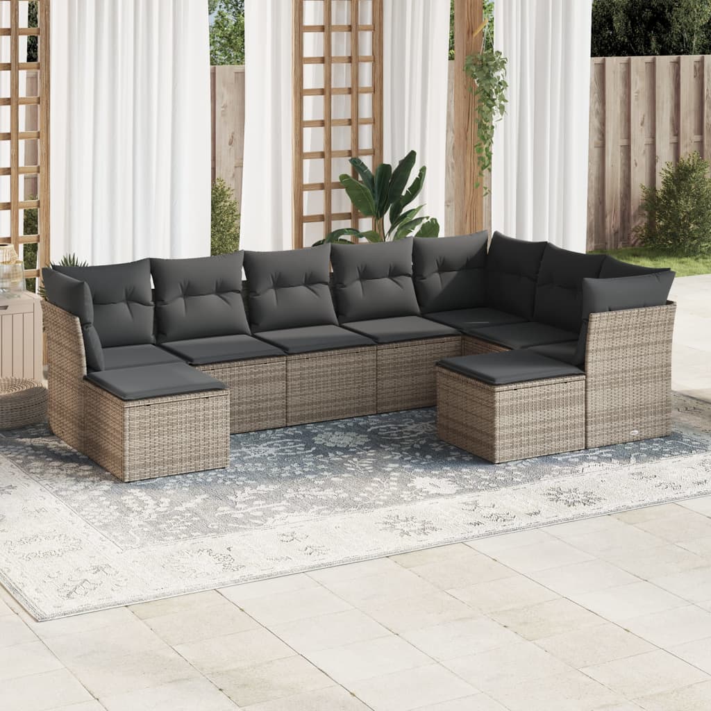 9 Pcs conjunto sofás p/ jardim com almofadões vime PE cinzento