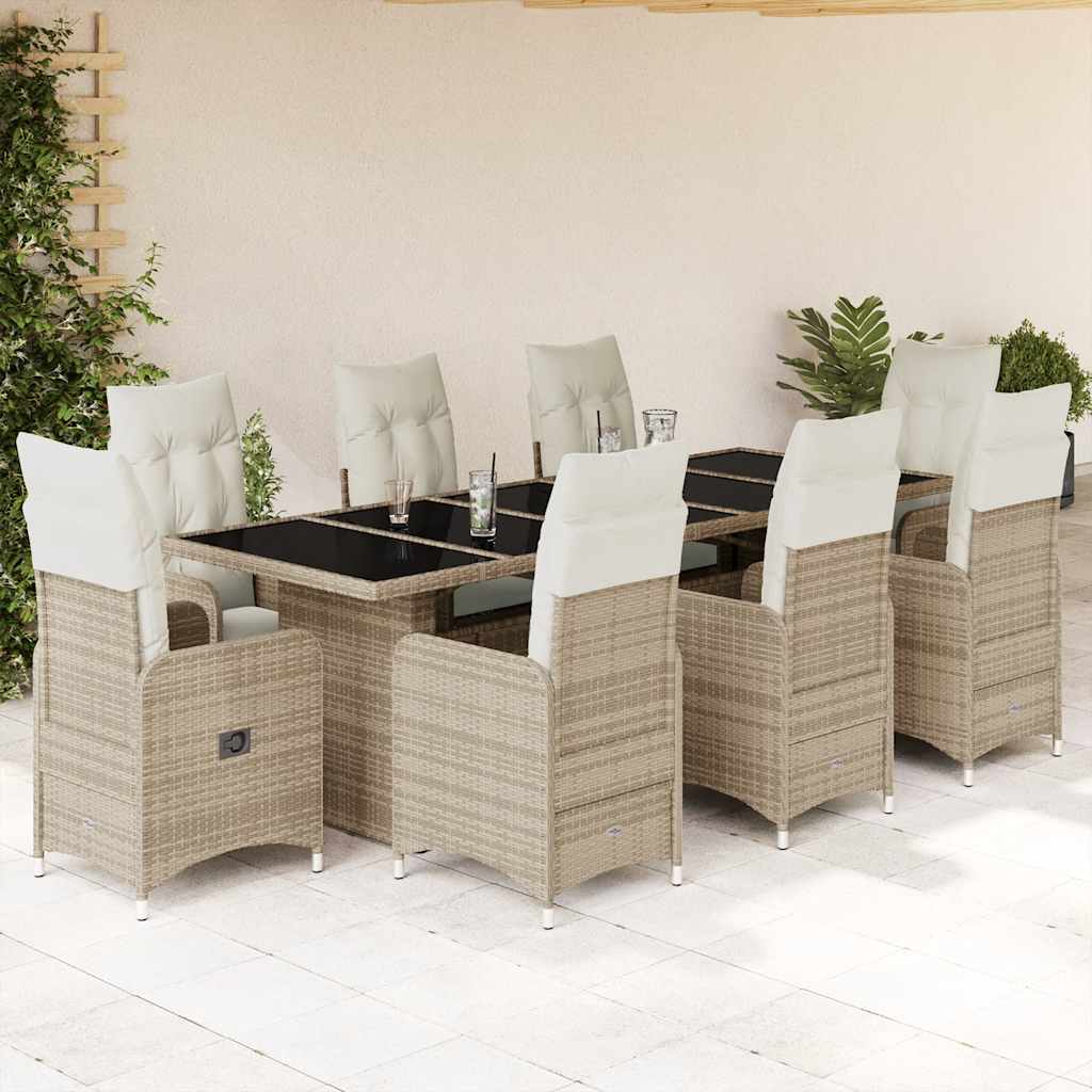 9 Pcs conjunto de bistrô para jardim c/ almofadões vime PE bege