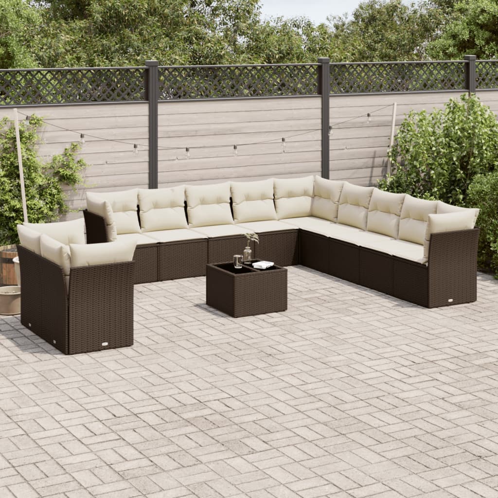 12 Pcs conjunto de sofás jardim com almofadões vime PE castanho