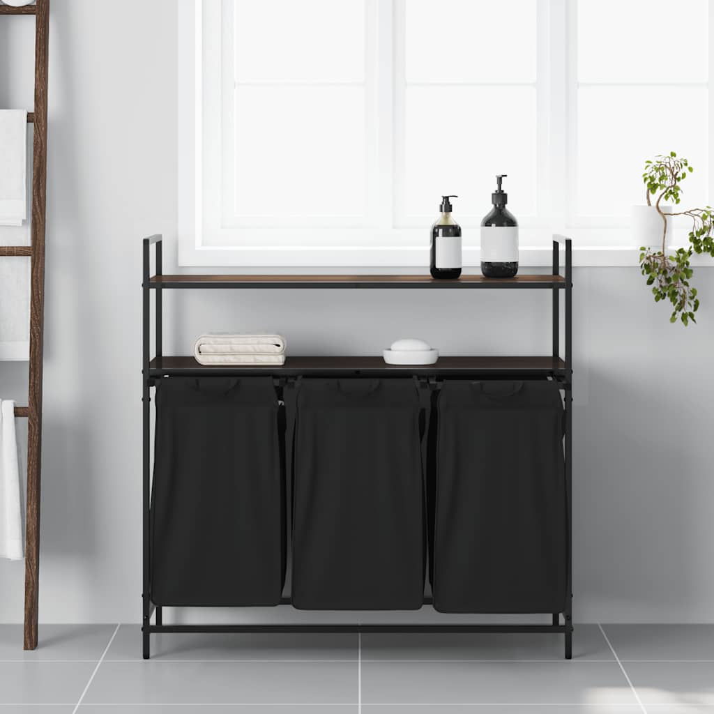 Cesto de roupa suja com 3 compartimentos e prateleiras, cor carvalho marrom