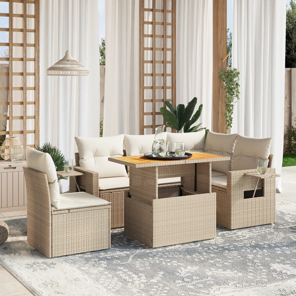 6 Pcs conjunto de sofás p/ jardim com almofadões vime PE bege