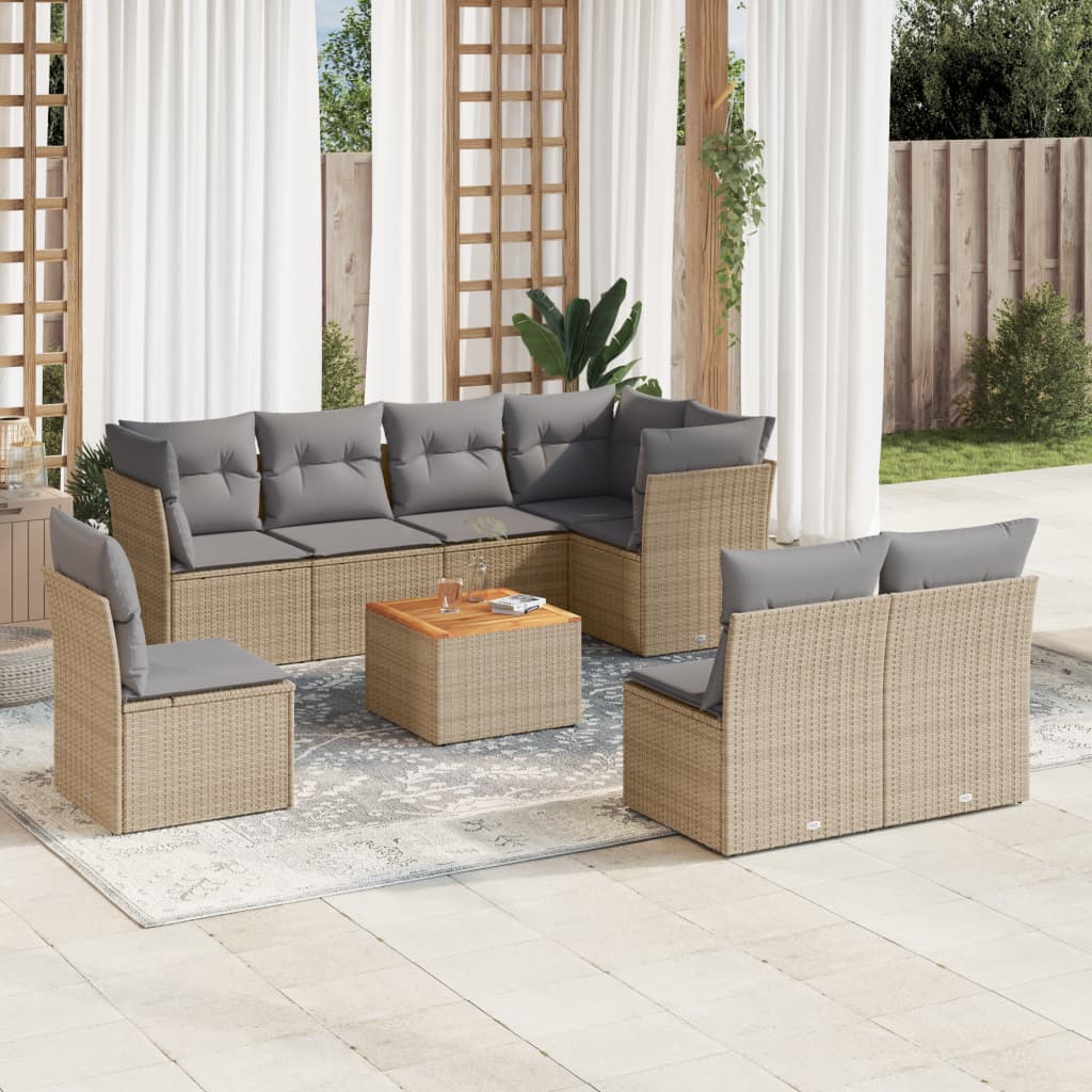 9 Pcs conjunto de sofás p/ jardim com almofadões vime PE bege