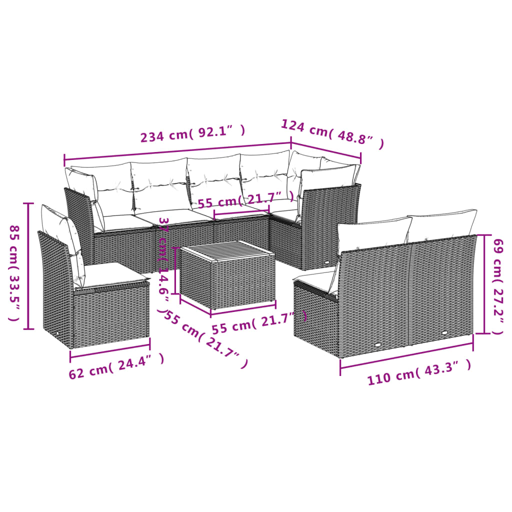 9 Pcs conjunto de sofás p/ jardim com almofadões vime PE bege