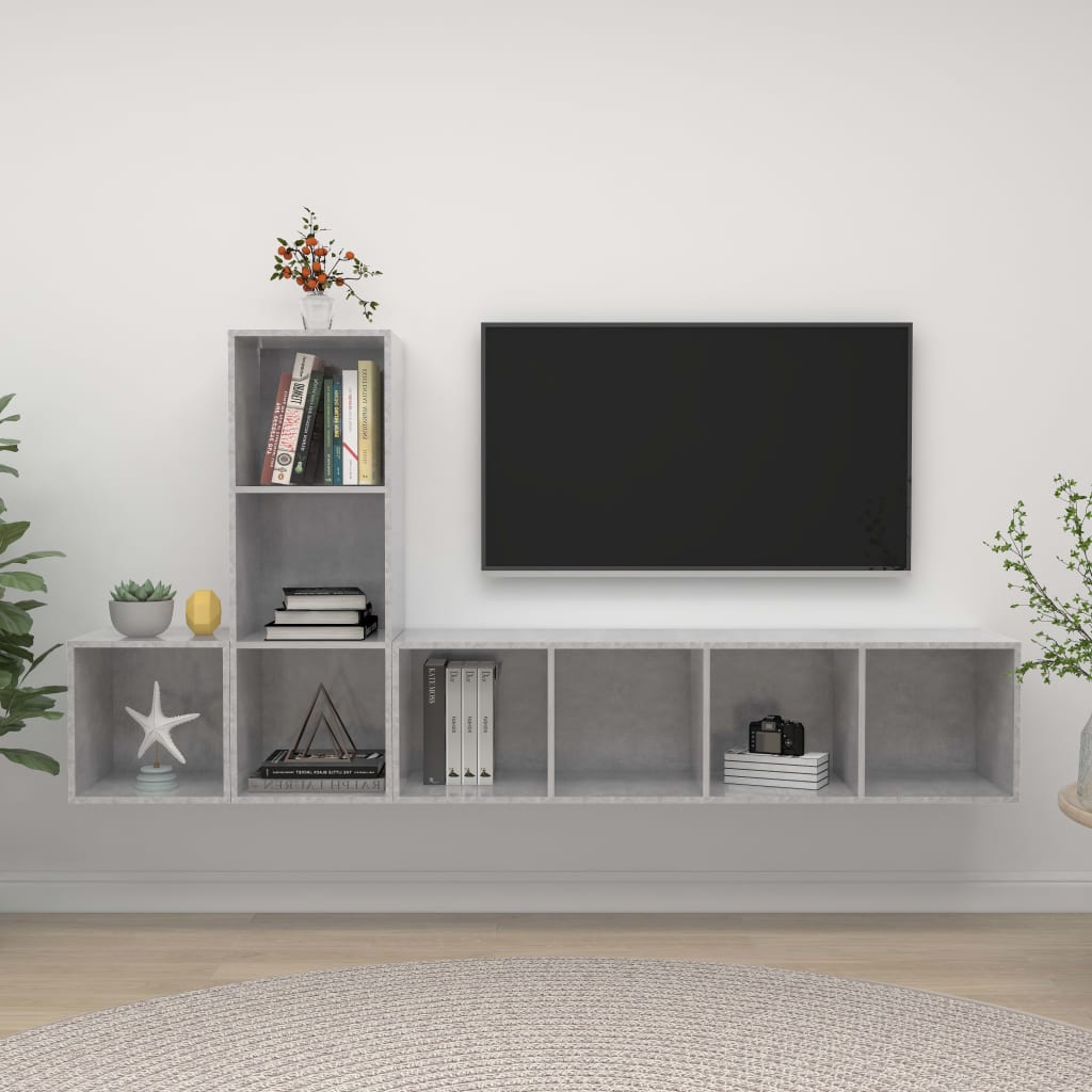 3 Pcs conjunto de móveis de TV contraplacado cinzento cimento