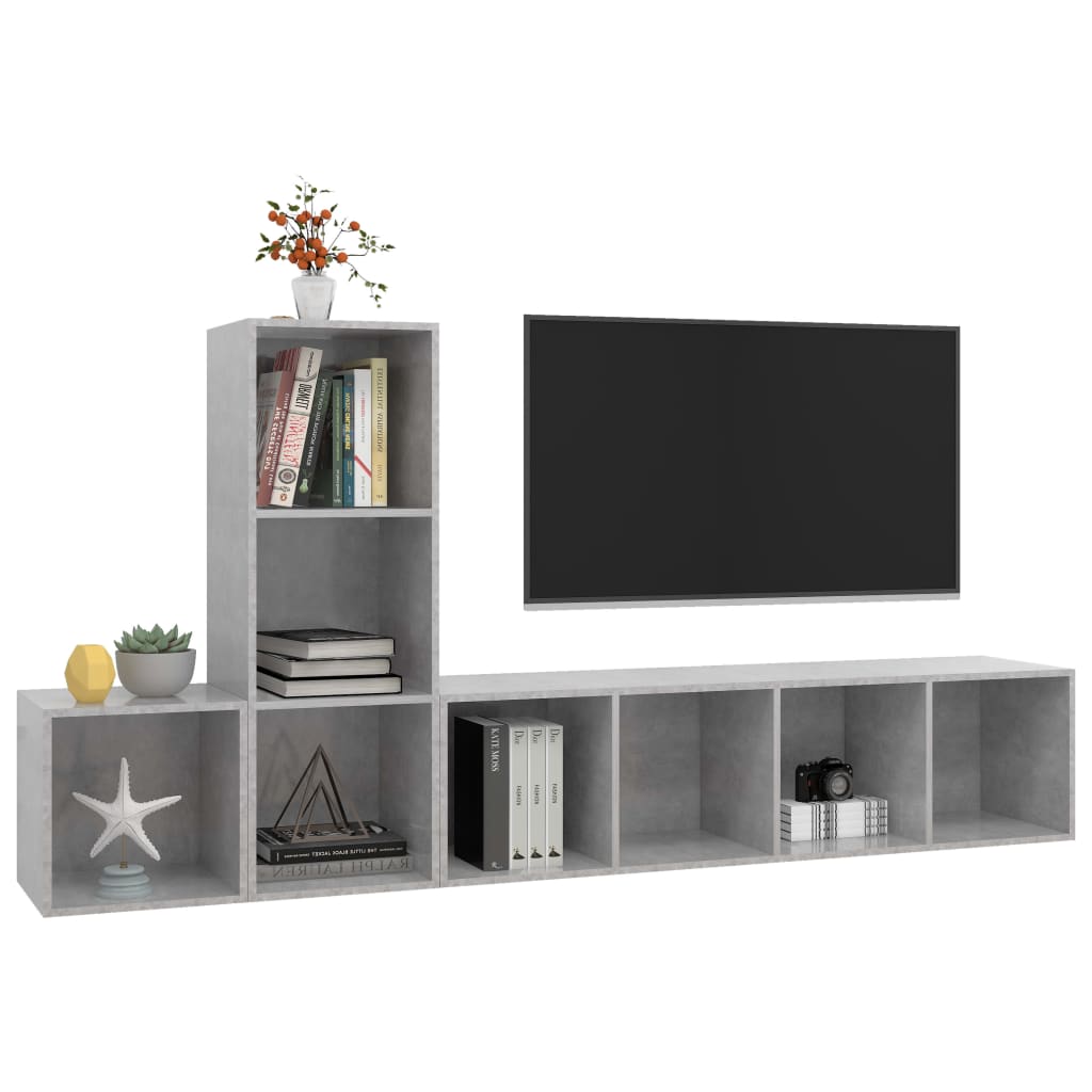 3 Pcs conjunto de móveis de TV contraplacado cinzento cimento