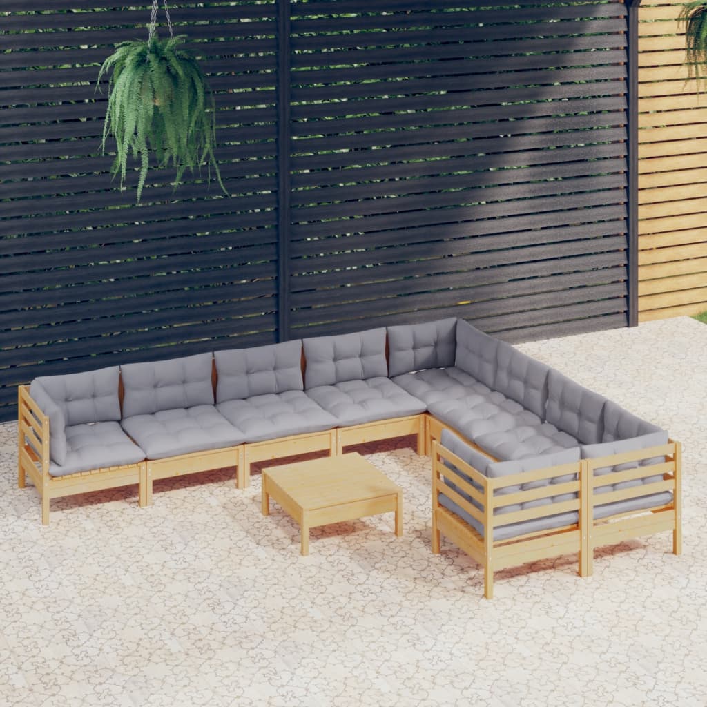 10 Pcs conjunto lounge de jardim c/ almofadões cinza pinho