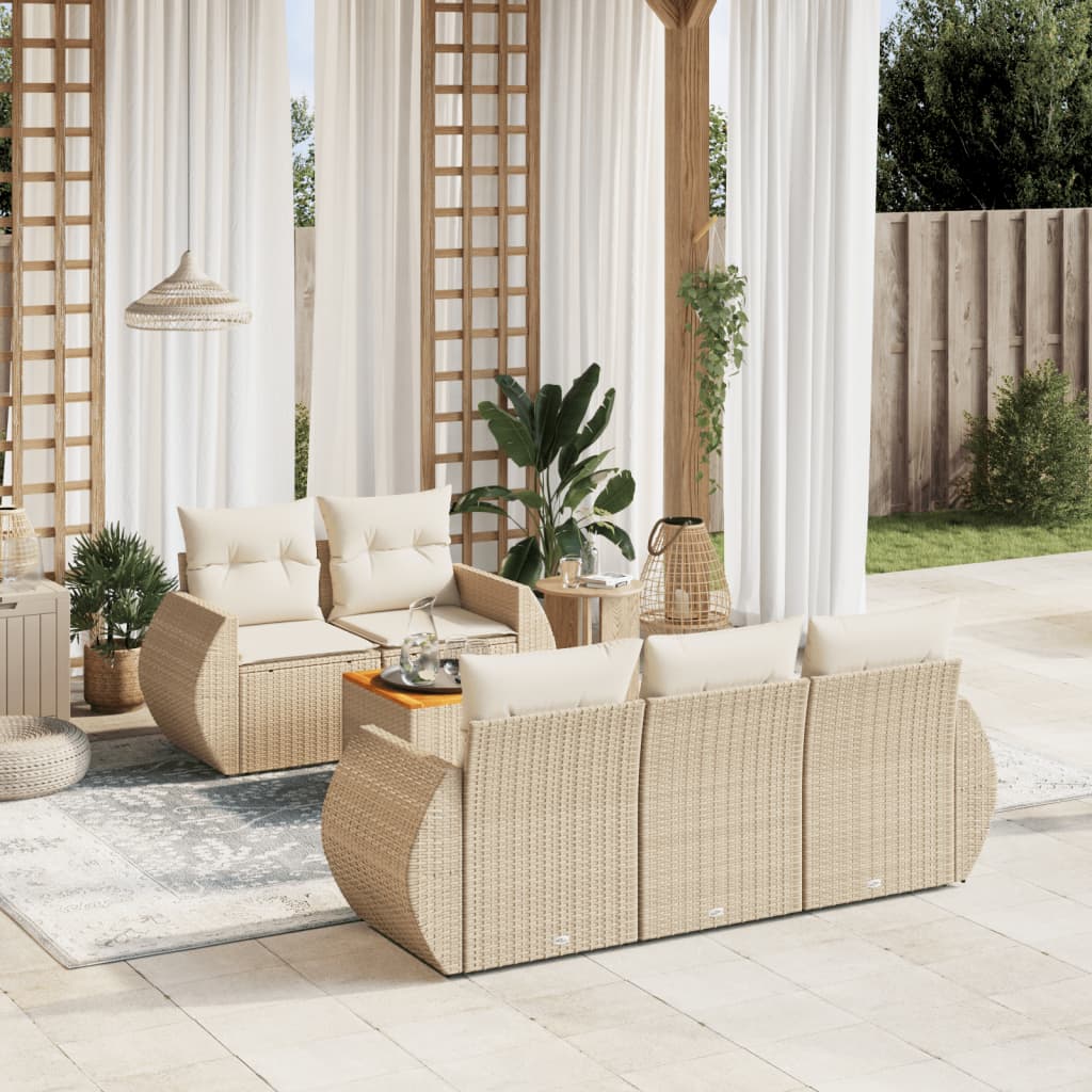 6 Pcs conjunto de sofás p/ jardim com almofadões vime PE bege