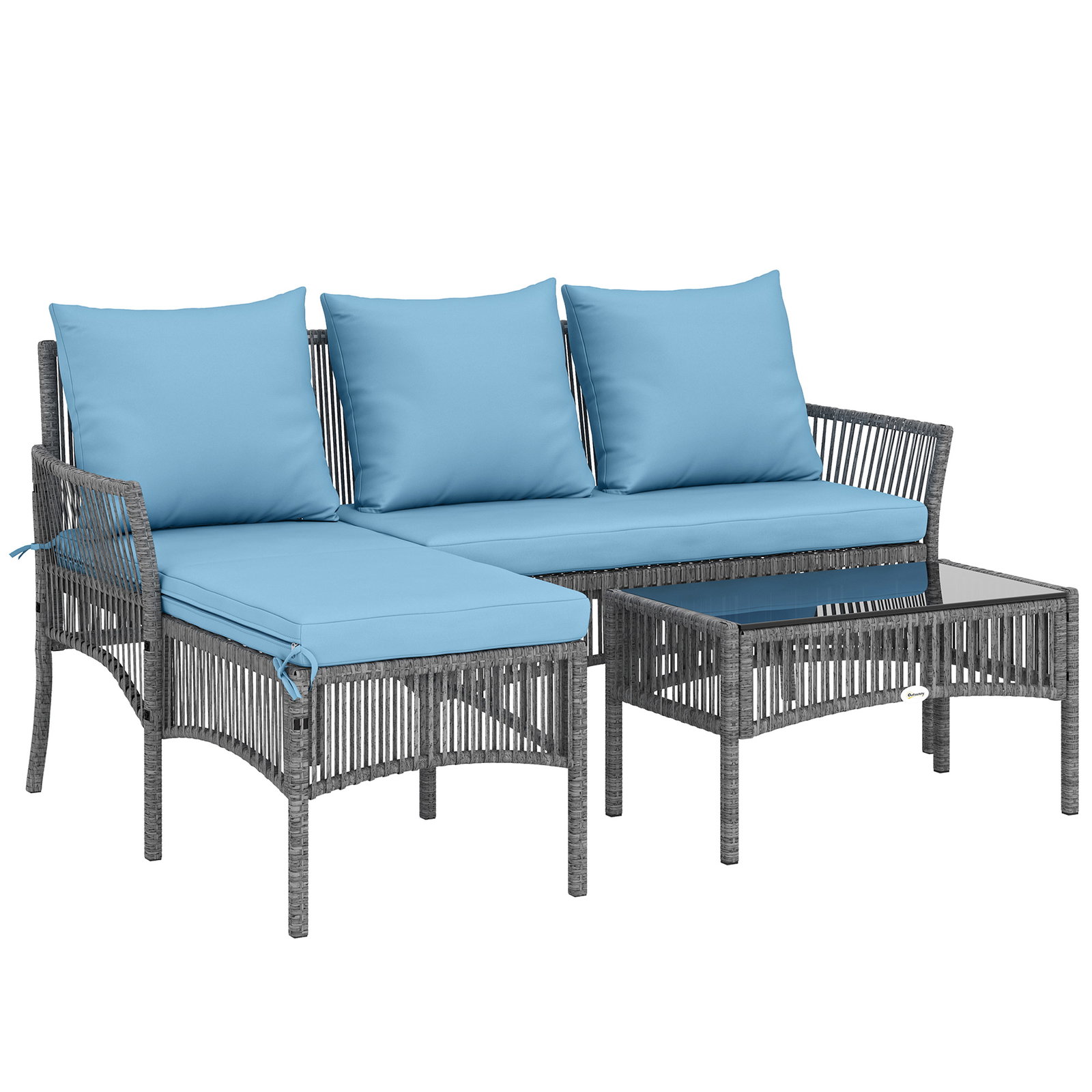Conjunto de jardim exterior de vime com sofá de 2 lugares, chaise longue e mesa de centro com vidro temperado azul claro