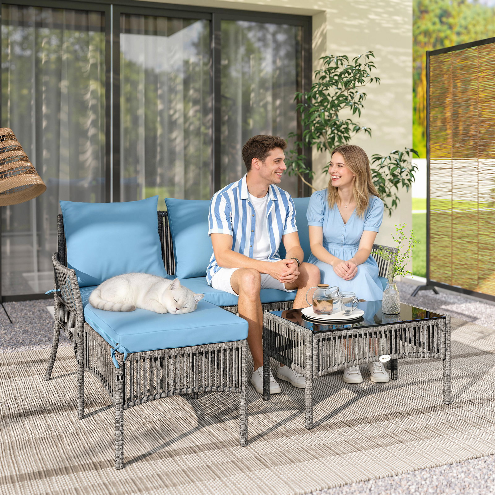 Conjunto de jardim exterior de vime com sofá de 2 lugares, chaise longue e mesa de centro com vidro temperado azul claro